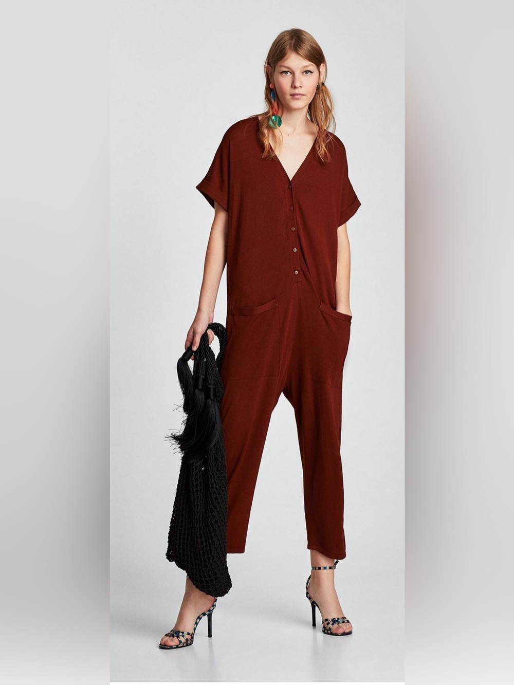 Zara Burgundy Button-Front Relaxed Jumpsuit